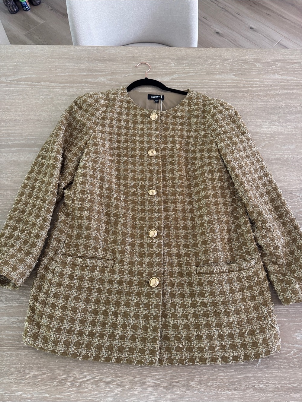 Express Gold Beige Tweed Button-Up Jacket